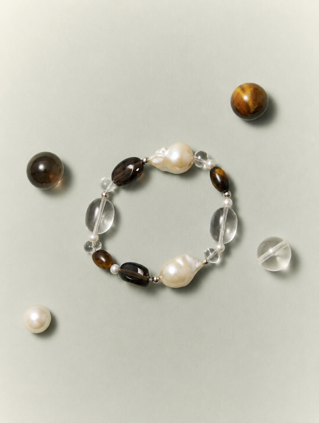 Earthbound Glow —— Tiger Eye, Smoky Quartz & Pearl Bracelet