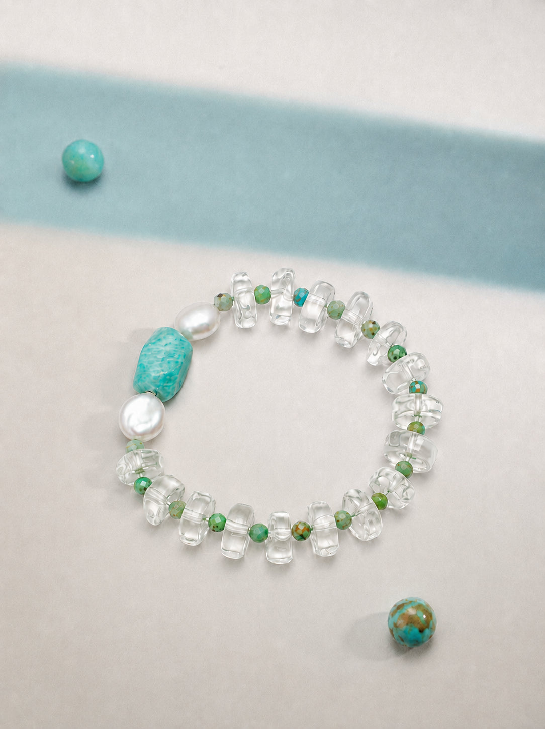 LUMERUNE Orbit Amazonite and Clear Quartz Bracelet — blue green amazonite, clear quartz and baroque pearls