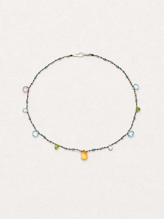 LUMERUNE Dewdrop Multi-Gemstone Drop Necklace — citrine, blue topaz, amethyst and green gemstone drops