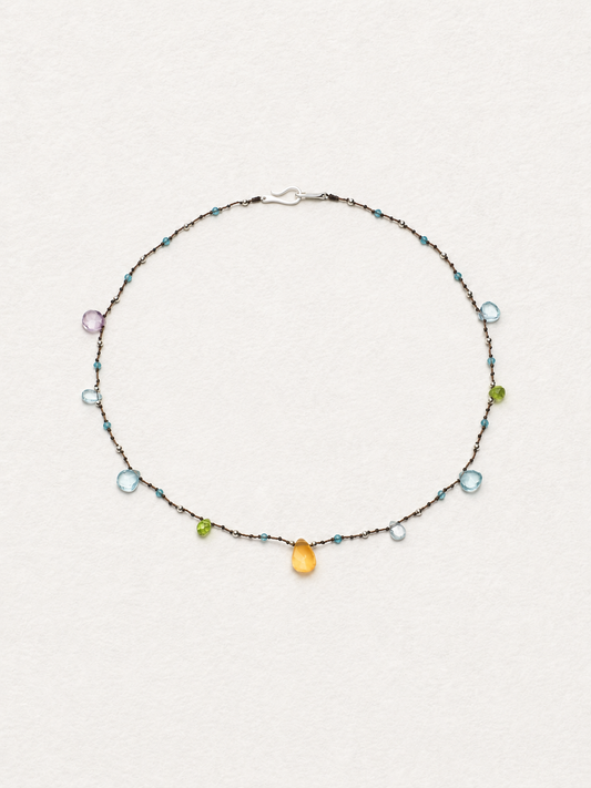 LUMERUNE Dewdrop Multi-Gemstone Drop Necklace — citrine, blue topaz, amethyst and green gemstone drops