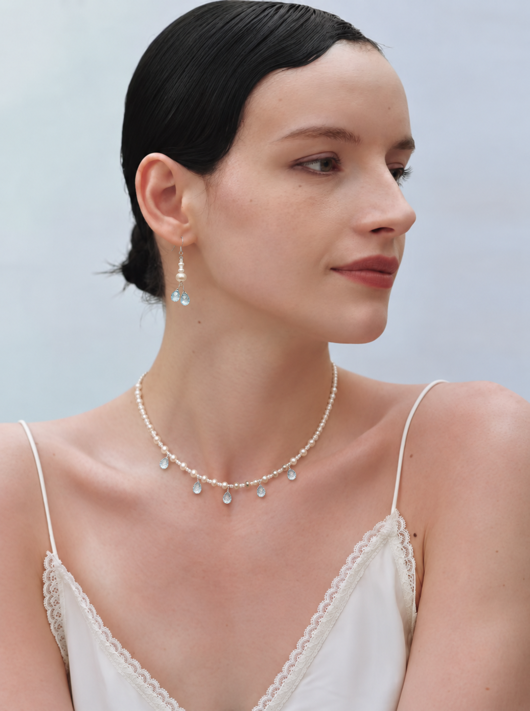 LUMERUNE Muse Pearl Necklace With Blue Topaz — fine pearls with blue topaz drops