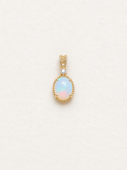 LUMERUNE Lunar Opal Starlight Pendant — oval opal in a gold toned setting with a white zircon