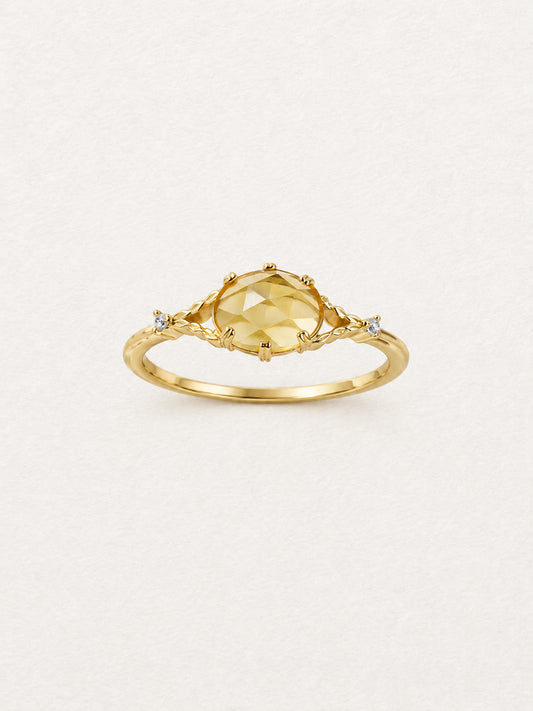 LUMERUNE Golden Leaf Citrine Ring — citrine with leaf and vine details and white zircons