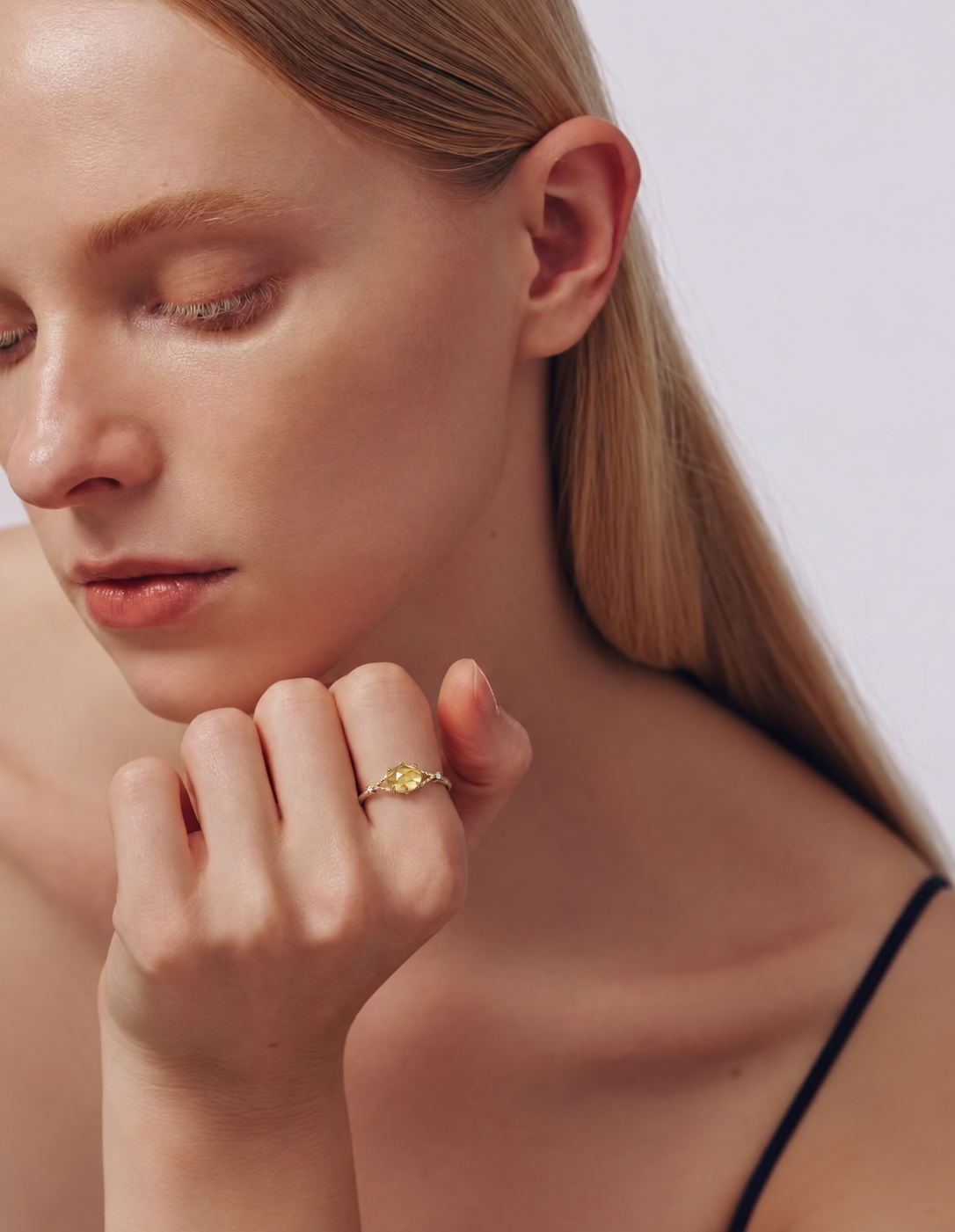 LUMERUNE Golden Leaf Citrine Ring — citrine with leaf and vine details and white zircons