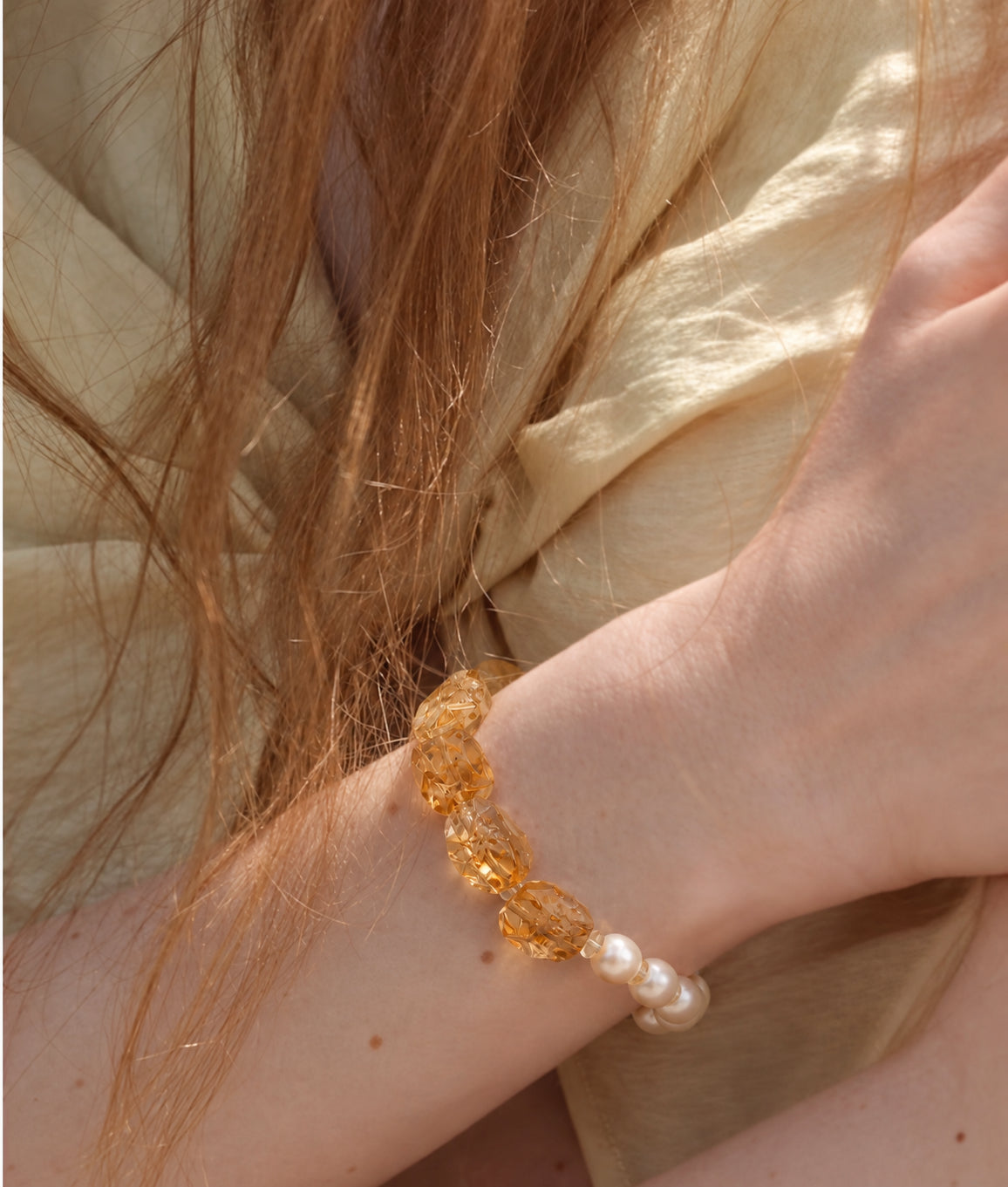 LUMERUNE Golden Halo Brazilian Citrine Bracelet and Pearl — soft pearl and citrine palette