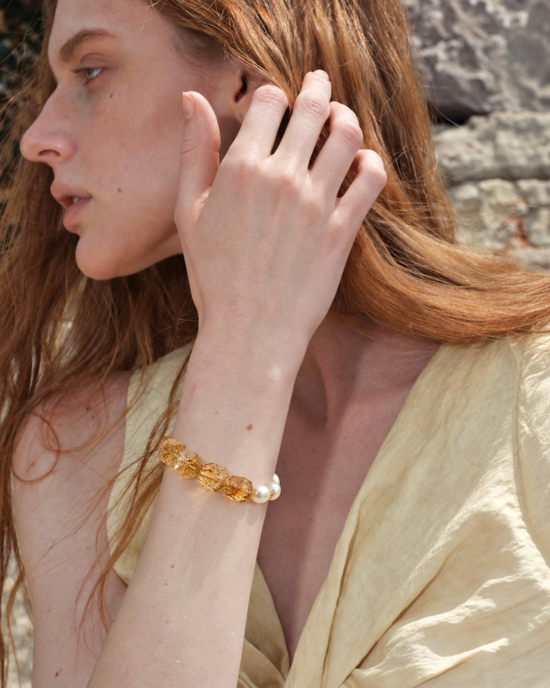 LUMERUNE Golden Halo Brazilian Citrine Bracelet and Pearl — soft pearl and citrine palette
