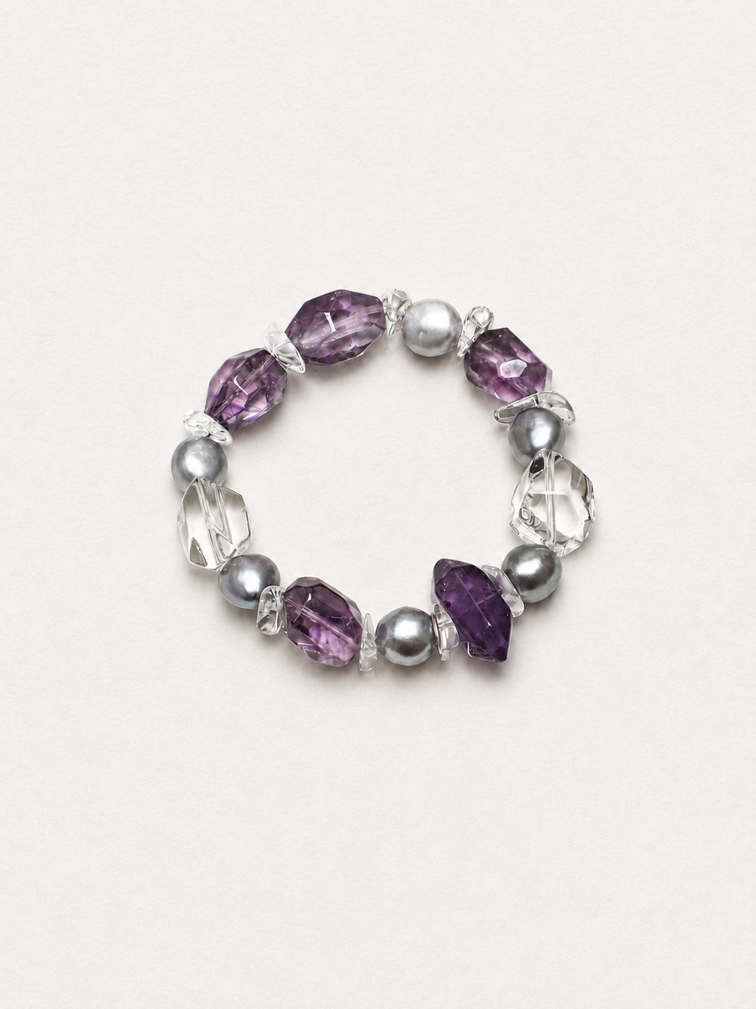 LUMERUNE Violet Amethyst Bracelet with Grey Pearl and Clear Quartz — cool toned amethyst and grey pearls