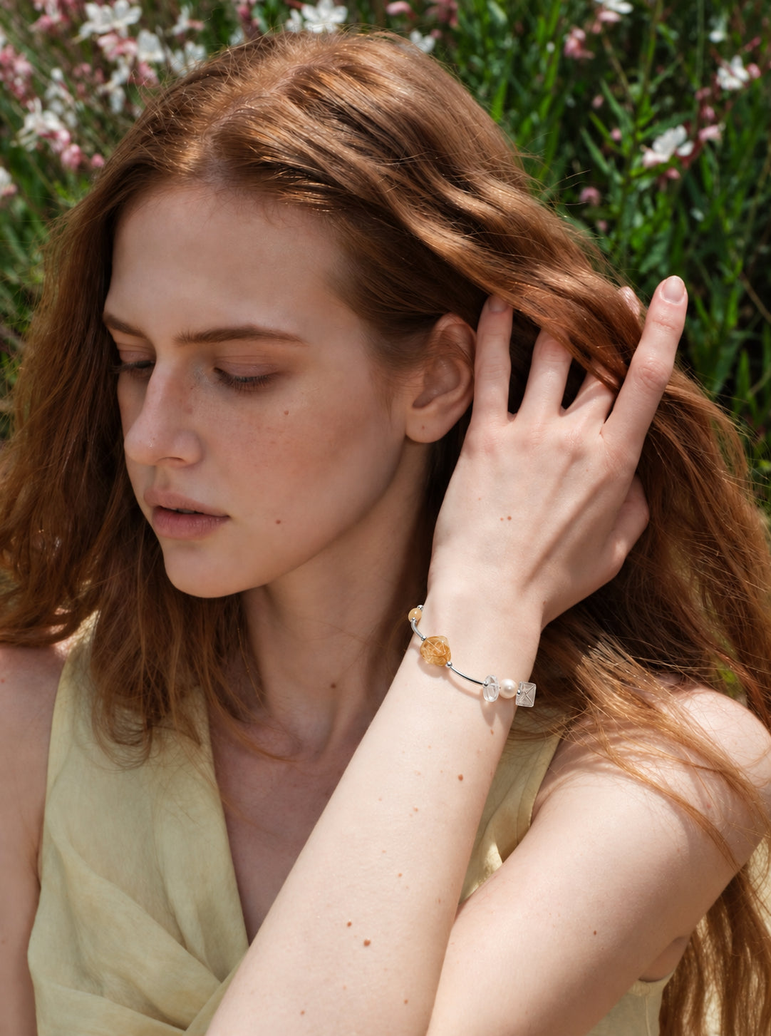 LUMERUNE Golden Halo Brazilian Citrine Bracelet with Pearl and Clear Quartz — warm citrine, pearl and clear quartz