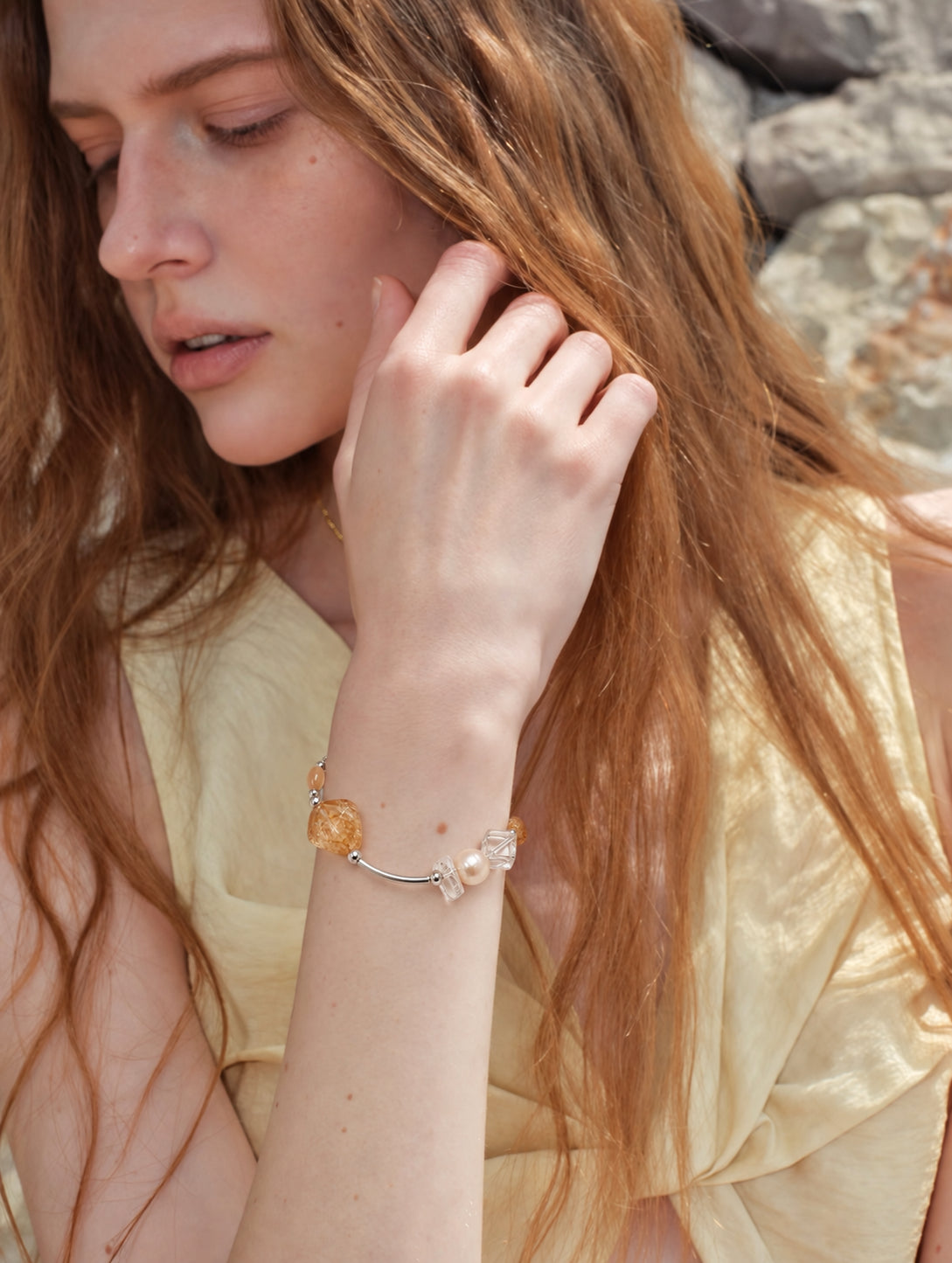 LUMERUNE Golden Halo Brazilian Citrine Bracelet with Pearl and Clear Quartz — warm citrine, pearl and clear quartz