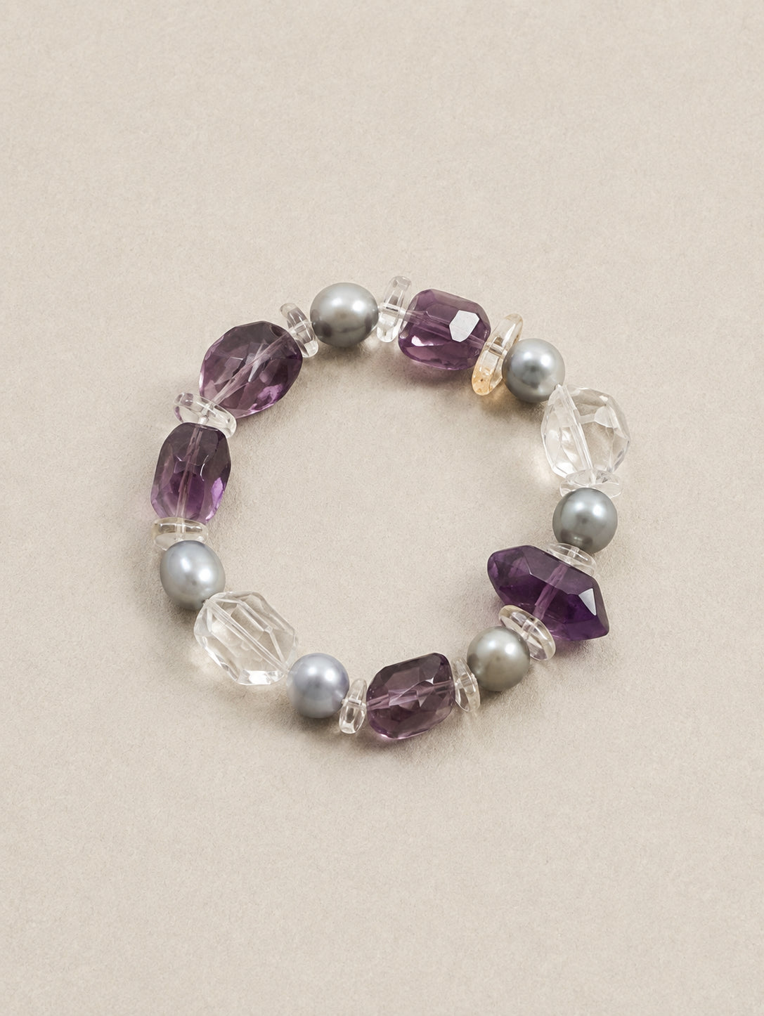 LUMERUNE Violet Amethyst Bracelet with Grey Pearl and Clear Quartz — cool toned amethyst and grey pearls