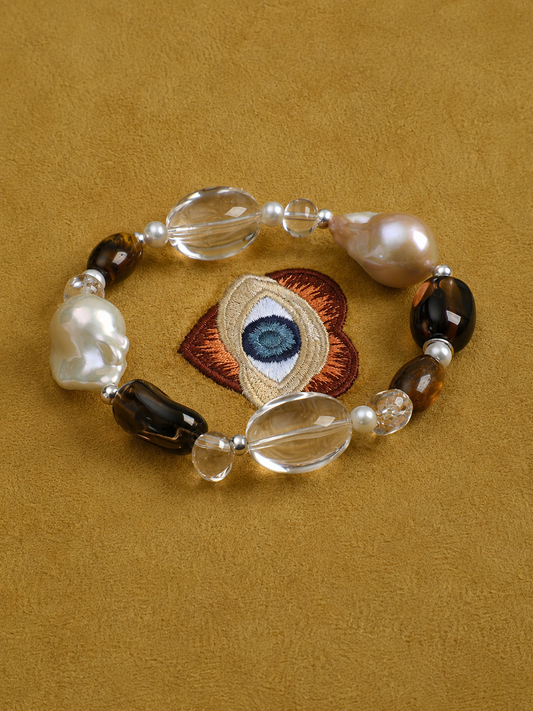 Earthbound Glow —— Tiger Eye, Smoky Quartz & Pearl Bracelet