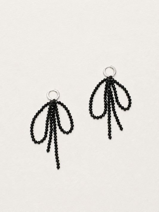 LUMERUNE Nightfall Ribbon Black Tourmaline Drop Earrings — black tourmaline strands in a modern monochrome design