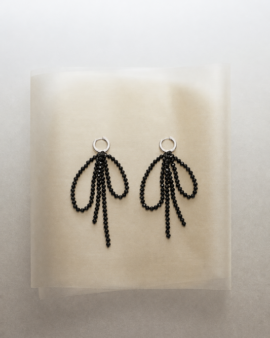 LUMERUNE Nightfall Ribbon Black Tourmaline Drop Earrings — black tourmaline strands in a modern monochrome design