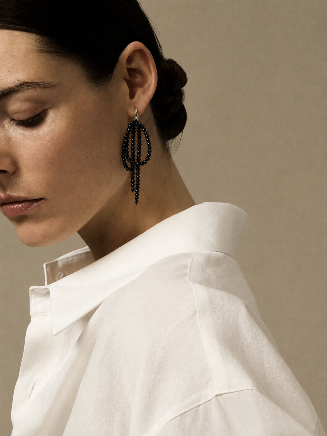 LUMERUNE Nightfall Ribbon Black Tourmaline Drop Earrings — black tourmaline strands in a modern monochrome design