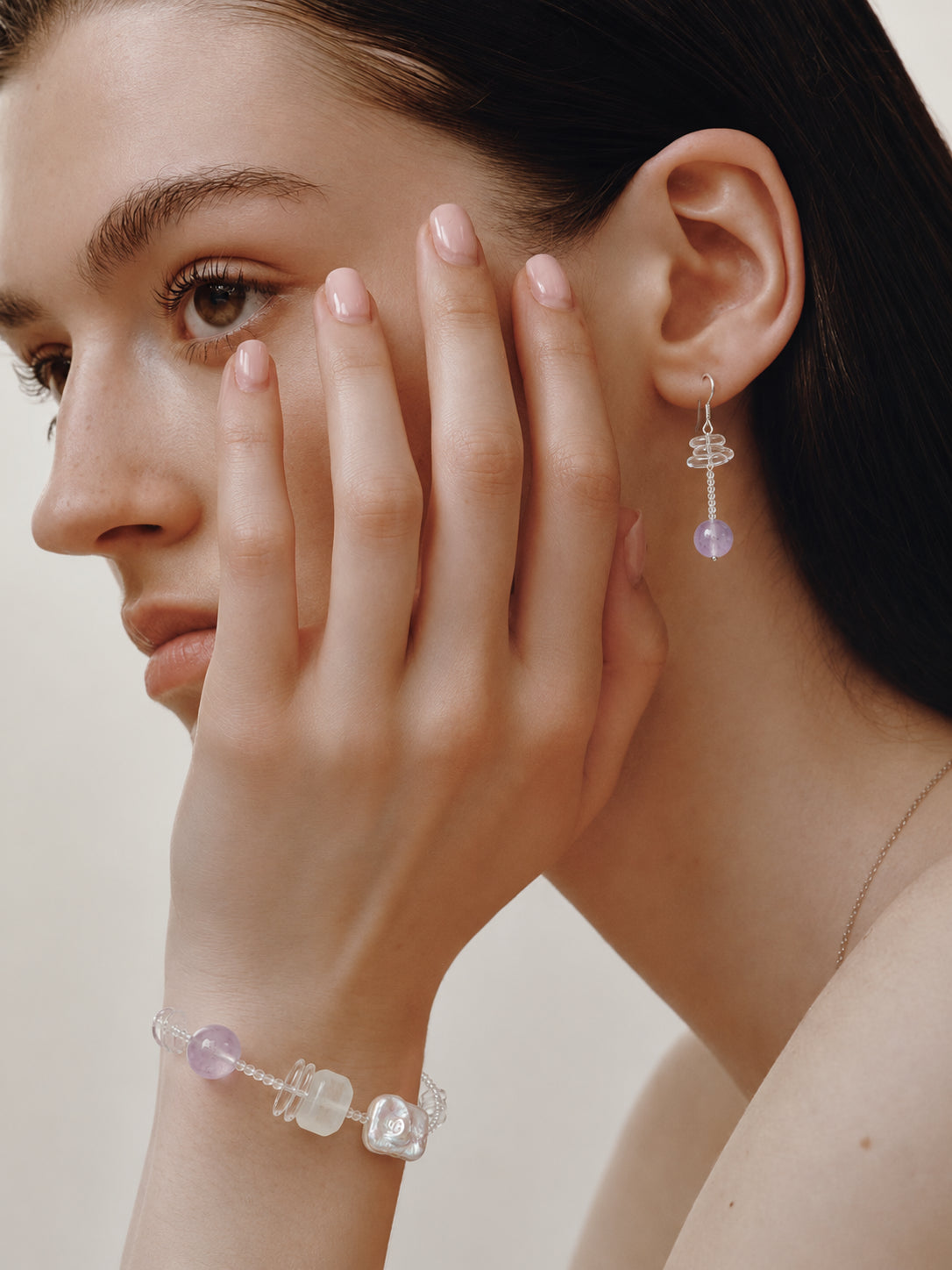 LUMERUNE Violet Mist Amethyst Drop Earrings With Clear Quartz — amethyst and clear quartz with an airy glow