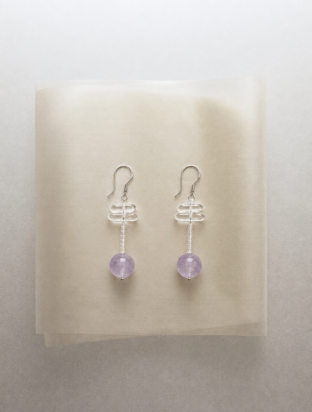 LUMERUNE Violet Mist Amethyst Drop Earrings With Clear Quartz — amethyst and clear quartz with an airy glow