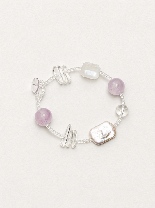 LUMERUNE Violet Mist Clear Quartz Bracelet With Moonstone and Amethyst — moonstone, amethyst, clear quartz and pearl