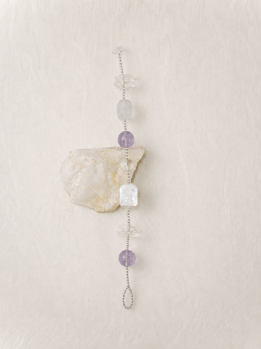 LUMERUNE Violet Mist Clear Quartz Bracelet With Moonstone and Amethyst — moonstone, amethyst, clear quartz and pearl