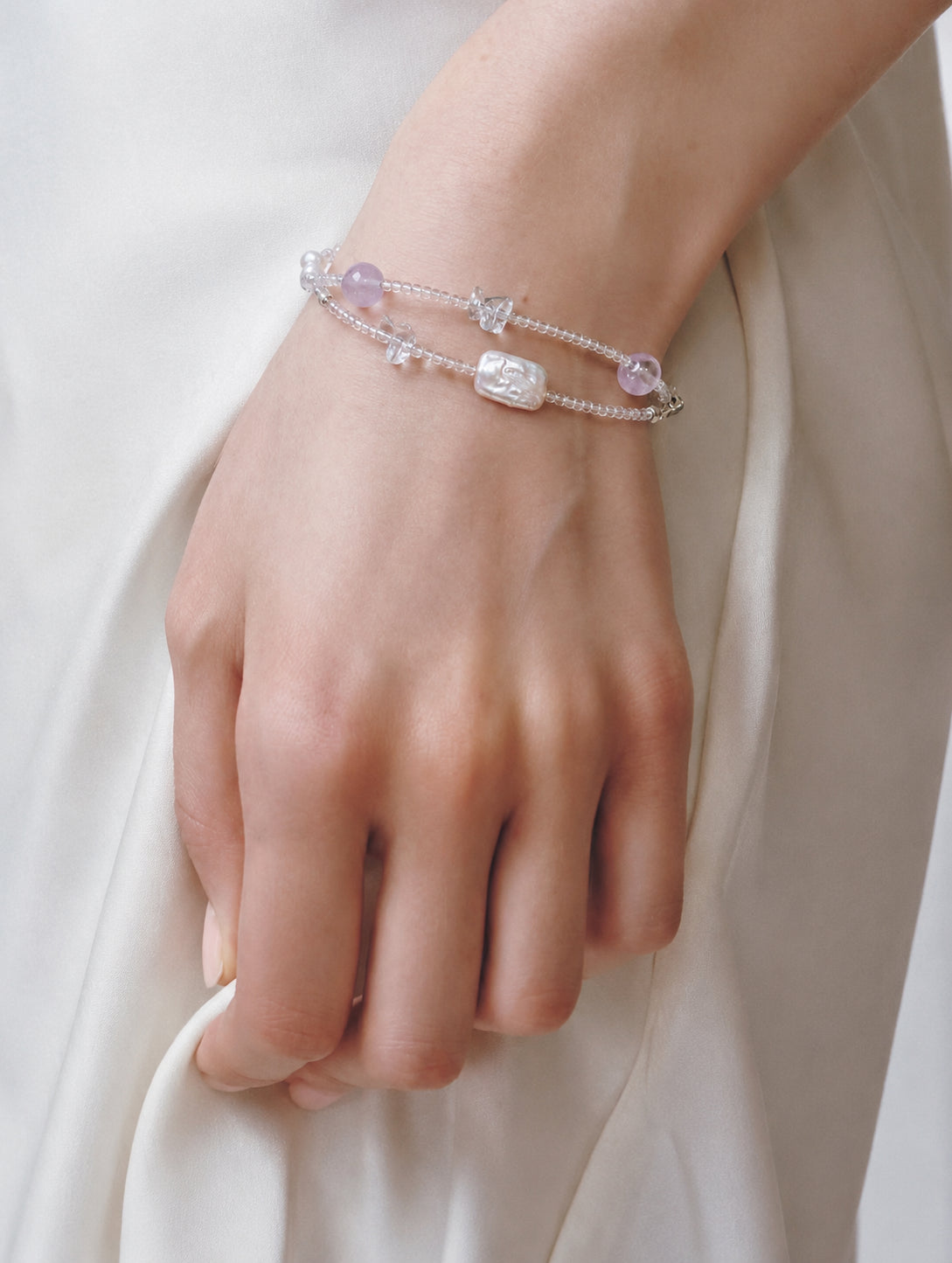 LUMERUNE Violet Mist Clear Quartz Necklace With Moonstone and Amethyst — moonstone, amethyst, clear quartz and pearl