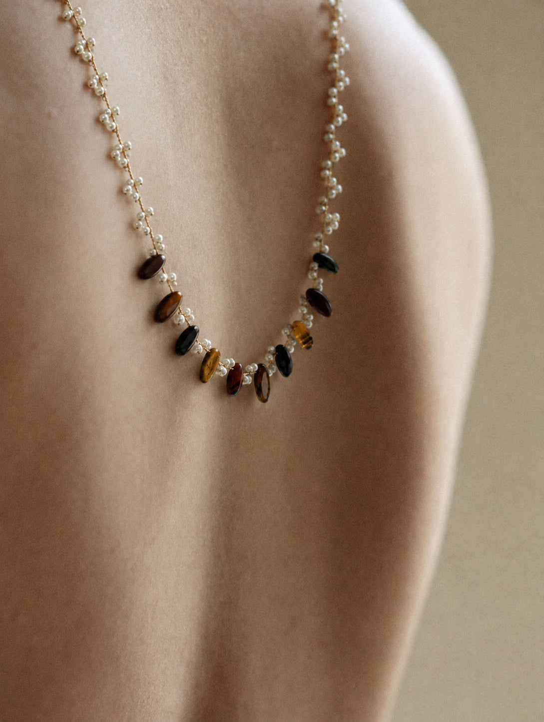 LUMERUNE Muse Pearl Necklace With Tiger Eye — varied tiger eye tones and luminous pearls