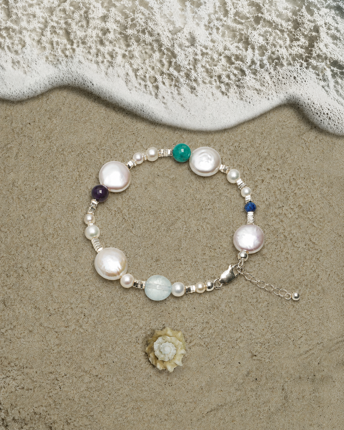 Tidal Reverie —— Aquamarine, Amethyst & Pearl Bracelet