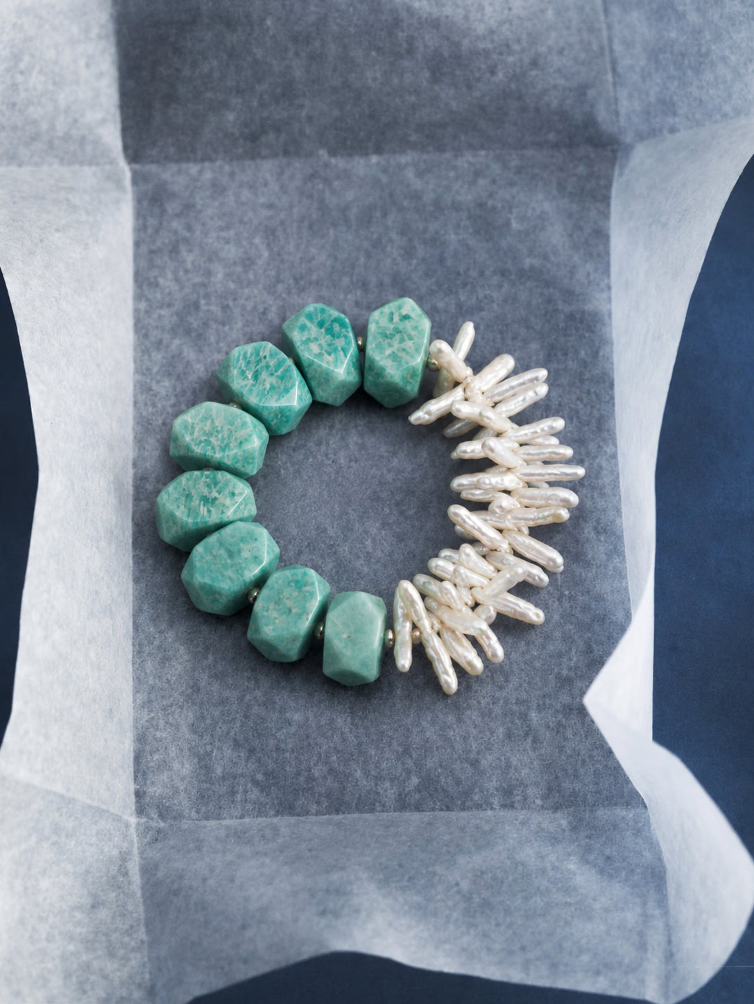 LUMERUNE Mineral Drift Amazonite and Stick Pearl Bracelet — amazonite and organic stick pearls