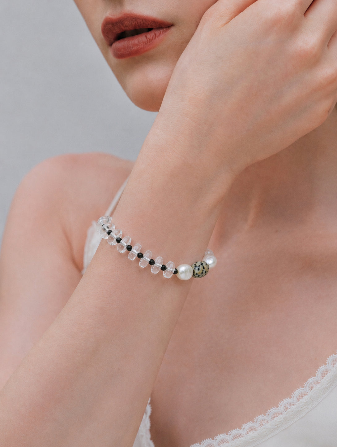 LUMERUNE Orbit Black Tourmaline and Clear Quartz Bracelet — clear quartz, black tourmaline and baroque pearls