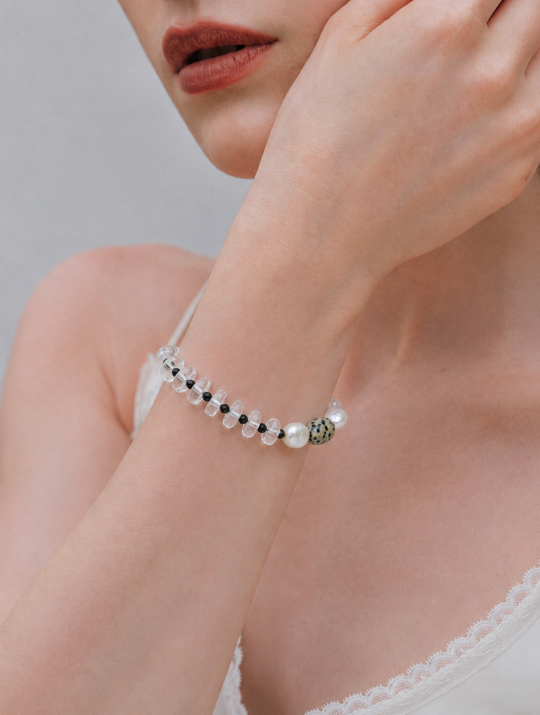 Prism Tide Nocturne —— Clear Quartz, Black Tourmaline & Pearl Bracelet