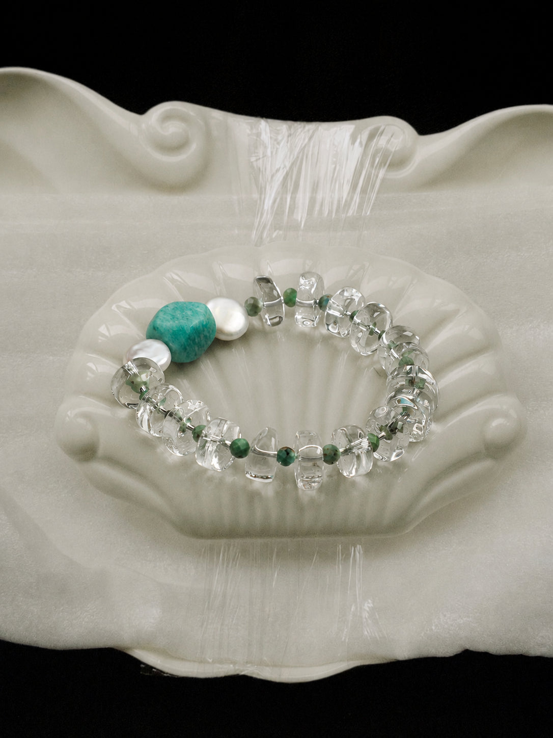 LUMERUNE Orbit Amazonite and Clear Quartz Bracelet — blue green amazonite, clear quartz and baroque pearls