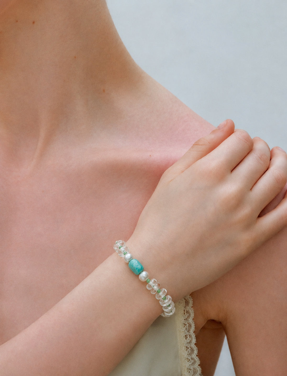LUMERUNE Orbit Amazonite and Clear Quartz Bracelet — blue green amazonite, clear quartz and baroque pearls