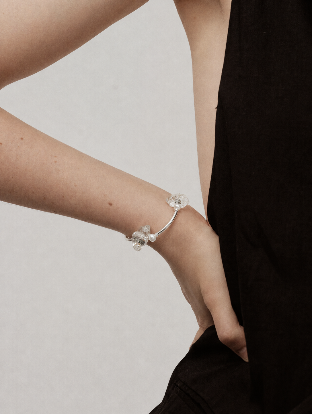 Midnight Arc —— Black Herkimer & Pearl Bracelet