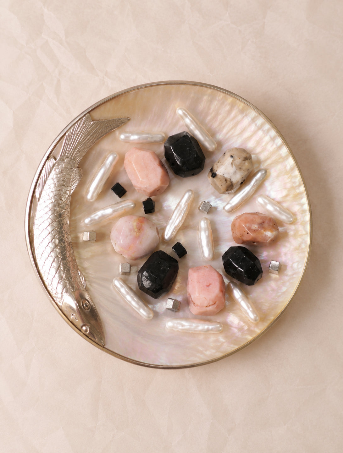 LUMERUNE Garden Pink Opal Bracelet With Black Onyx and Baroque Pearl — pink opal, black onyx and elongated baroque pearls