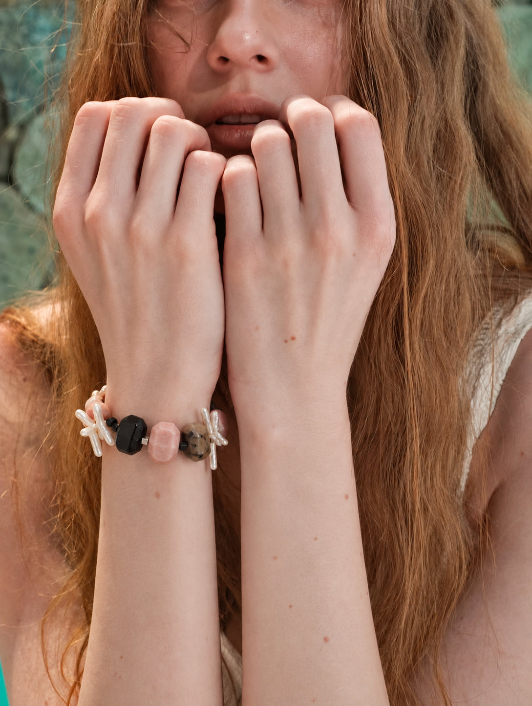 LUMERUNE Garden Pink Opal Bracelet With Black Onyx and Baroque Pearl — pink opal, black onyx and elongated baroque pearls