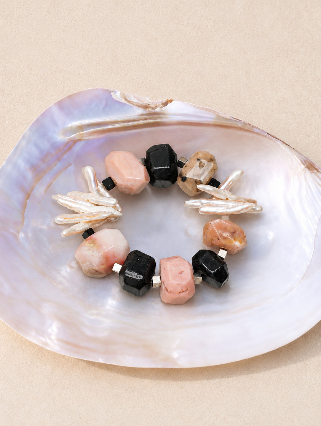 LUMERUNE Garden Pink Opal Bracelet With Black Onyx and Baroque Pearl — pink opal, black onyx and elongated baroque pearls
