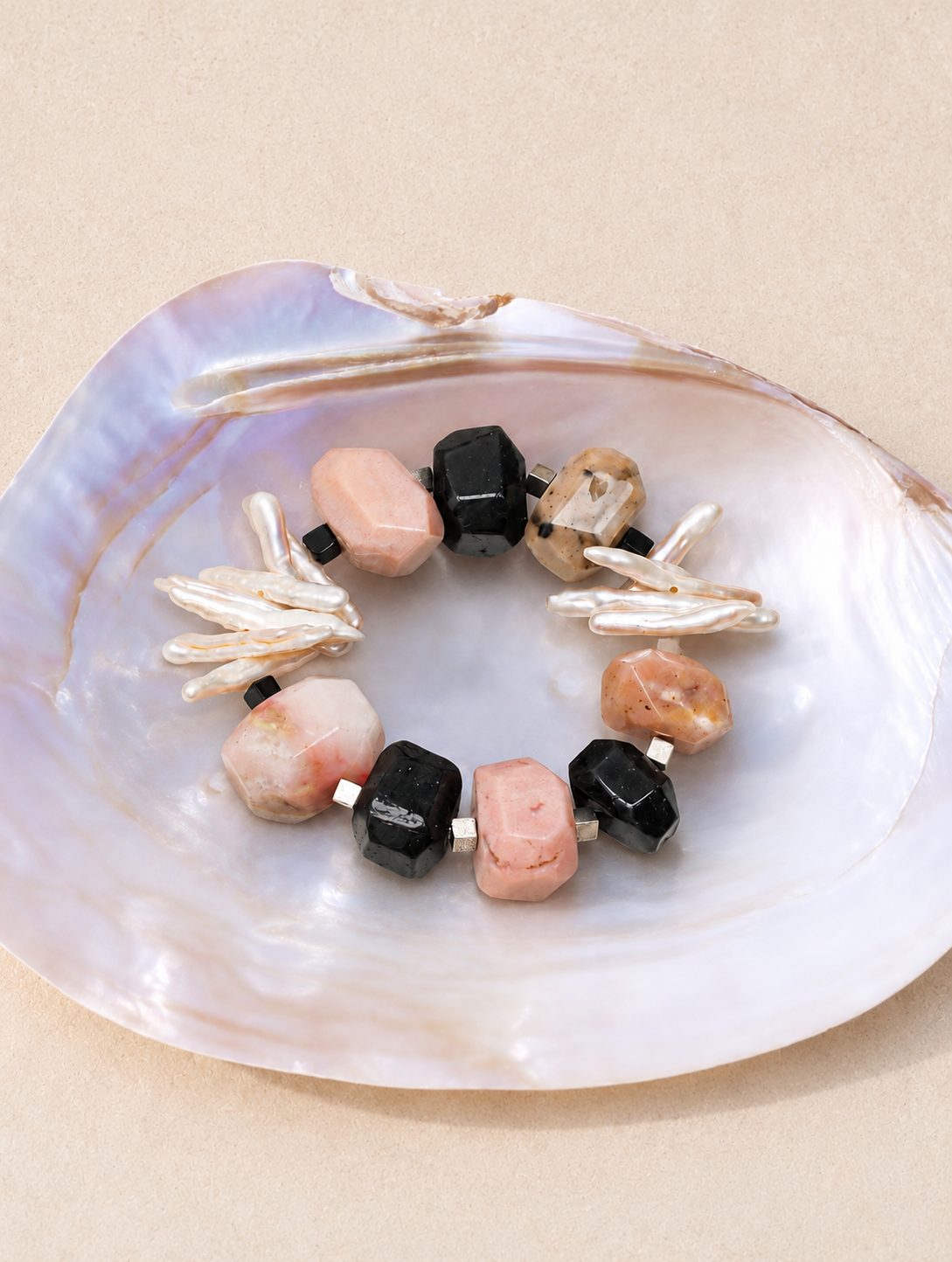 Blush Eclipse — Pink Opal, Black Onyx & Baroque Pearl Bracelet