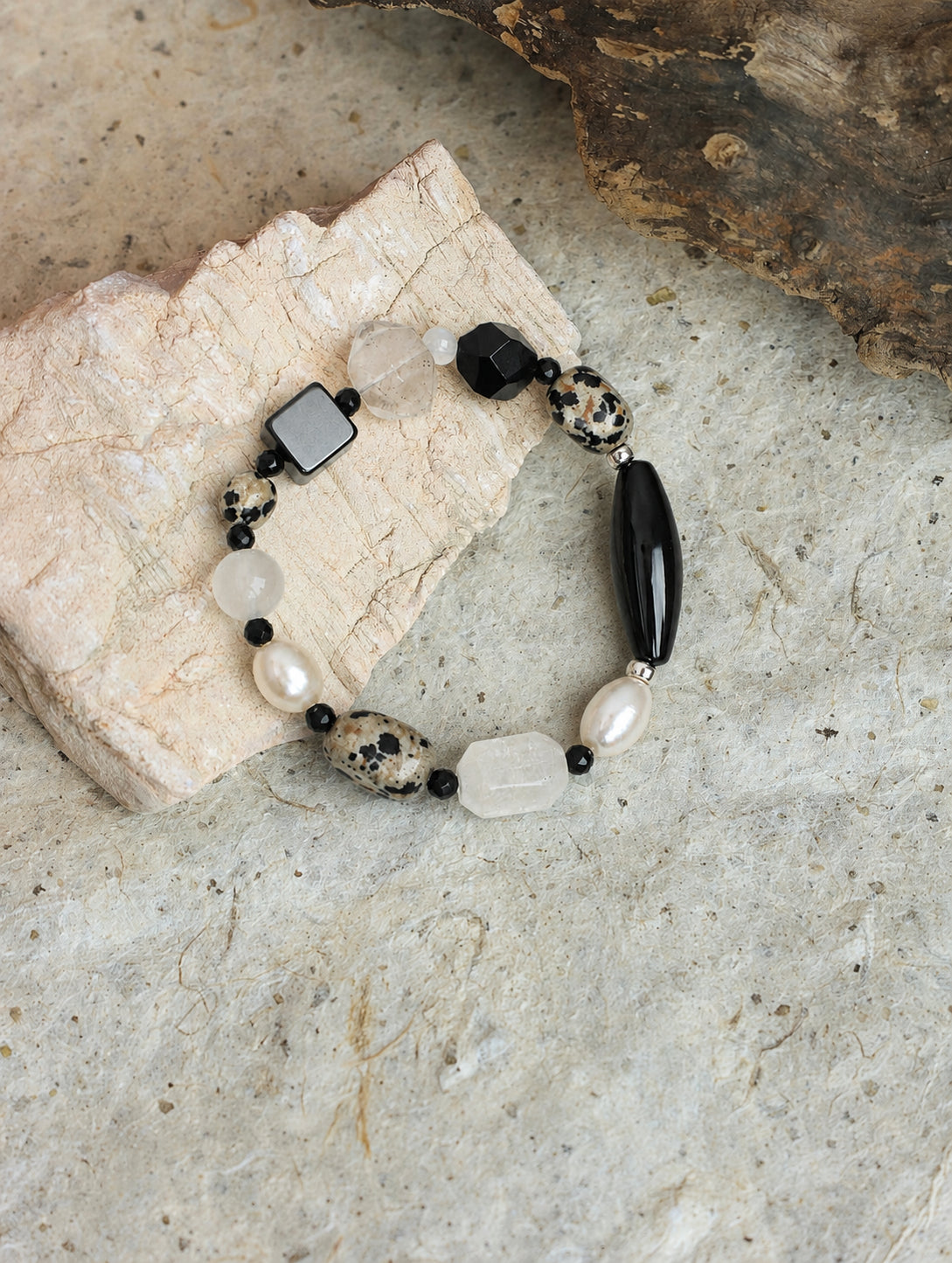 LUMERUNE Terra Black Agate Bracelet With Mixed Gemstones — black agate, Dalmatian jasper and pearls