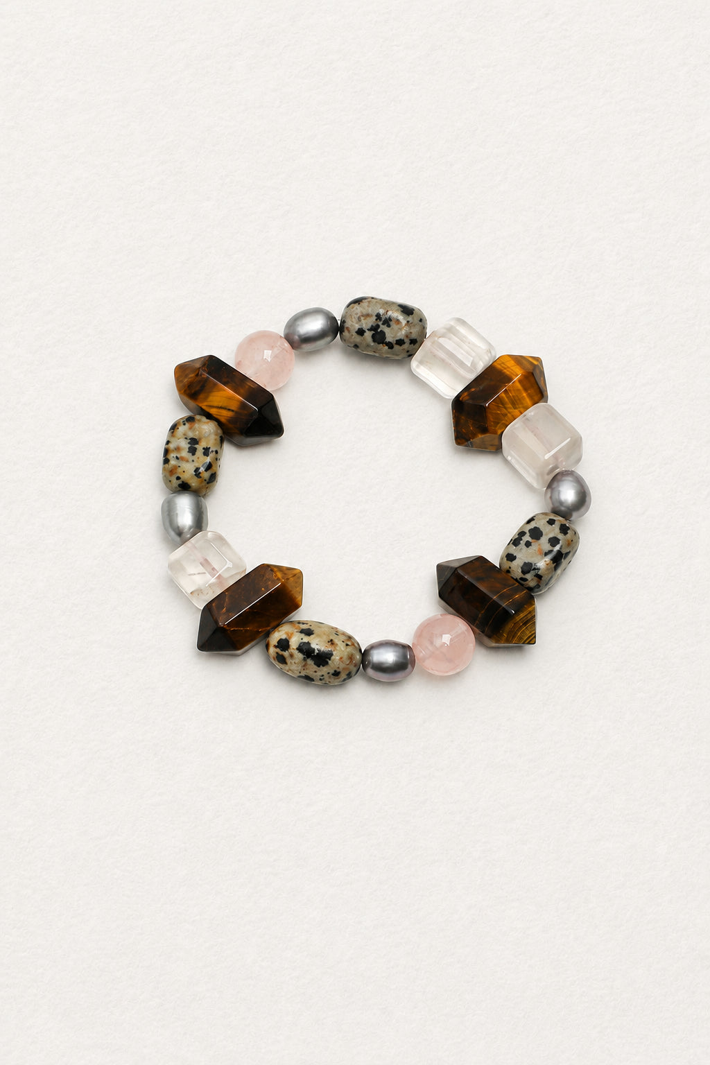 LUMERUNE Terra Tiger Eye Bracelet With Mixed Gemstones — tiger’s eye, rose quartz, Dalmatian jasper and gray pearls