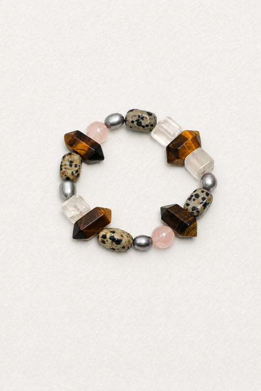 LUMERUNE Terra Tiger Eye Bracelet With Mixed Gemstones — tiger’s eye, rose quartz, Dalmatian jasper and gray pearls