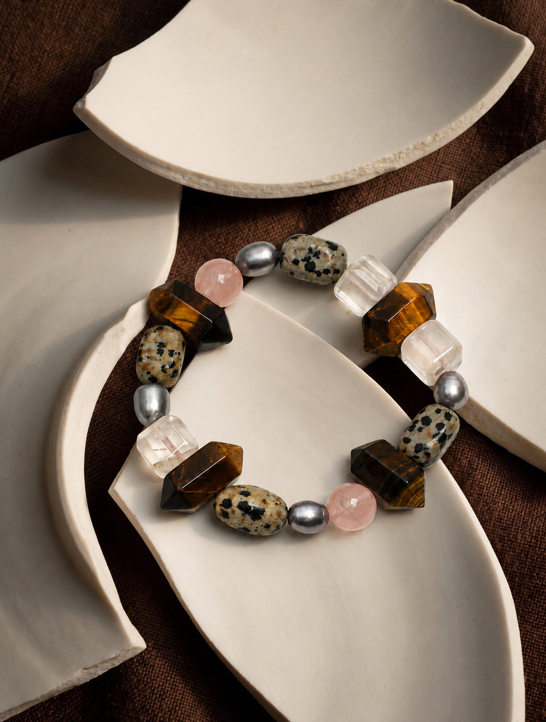 LUMERUNE Terra Tiger Eye Bracelet With Mixed Gemstones — tiger’s eye, rose quartz, Dalmatian jasper and gray pearls