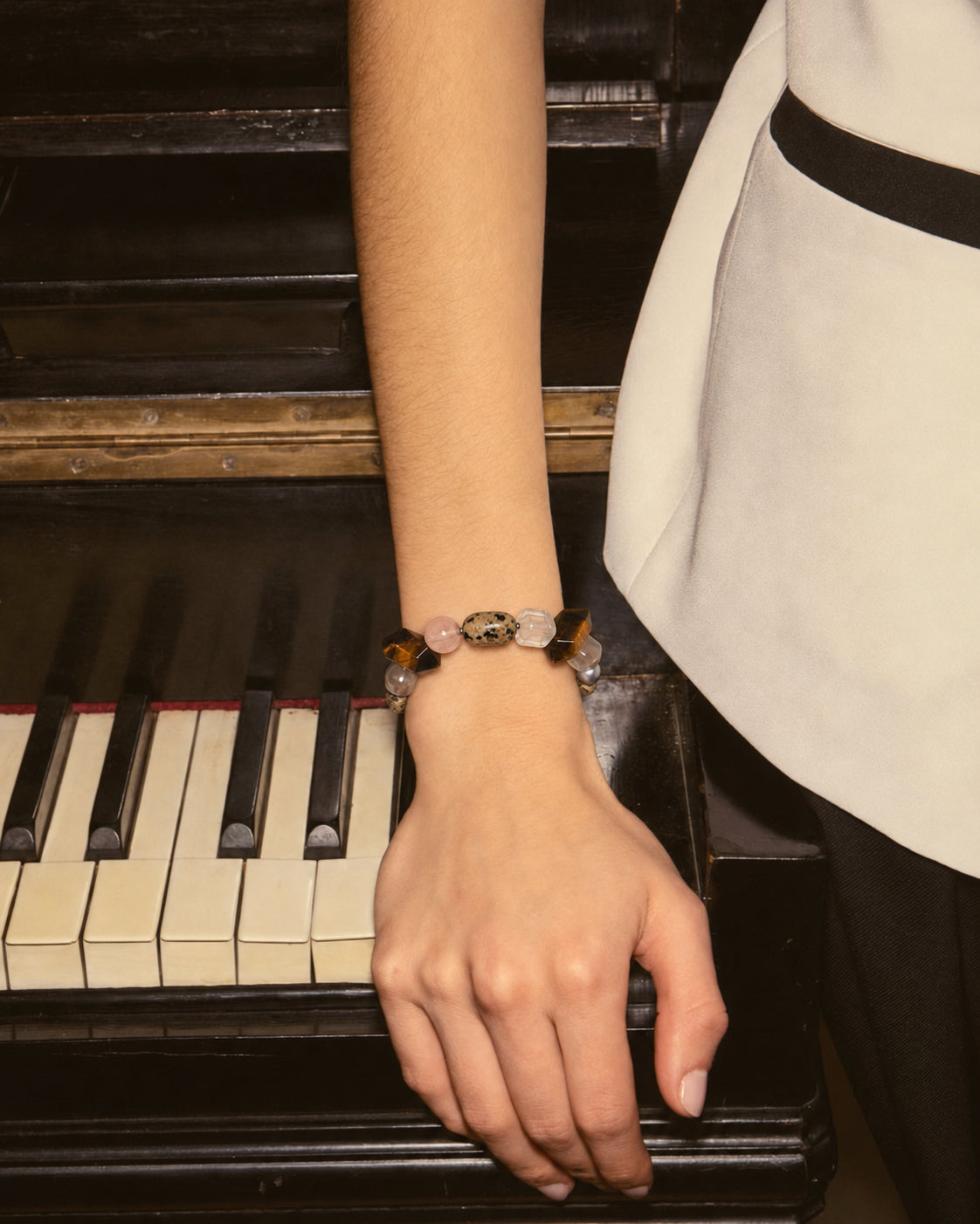LUMERUNE Terra Tiger Eye Bracelet With Mixed Gemstones — tiger’s eye, rose quartz, Dalmatian jasper and gray pearls