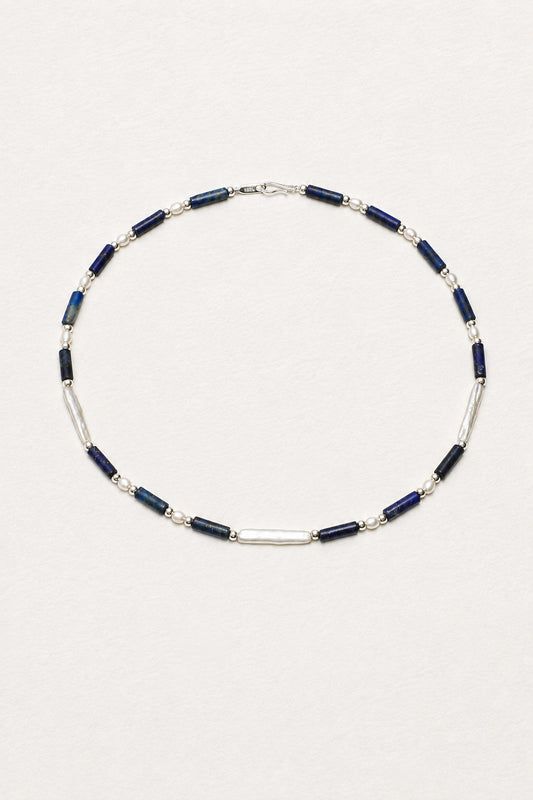 LUMERUNE Midnight Current Lapis Lazuli Necklace With Pearl — lapis lazuli, pearls and polished silver beads