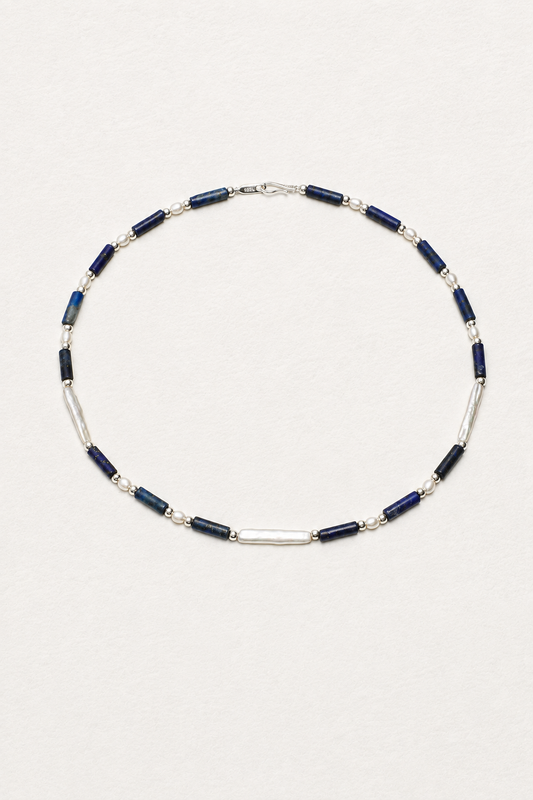 LUMERUNE Midnight Current Lapis Lazuli Necklace With Pearl — lapis lazuli, pearls and polished silver beads