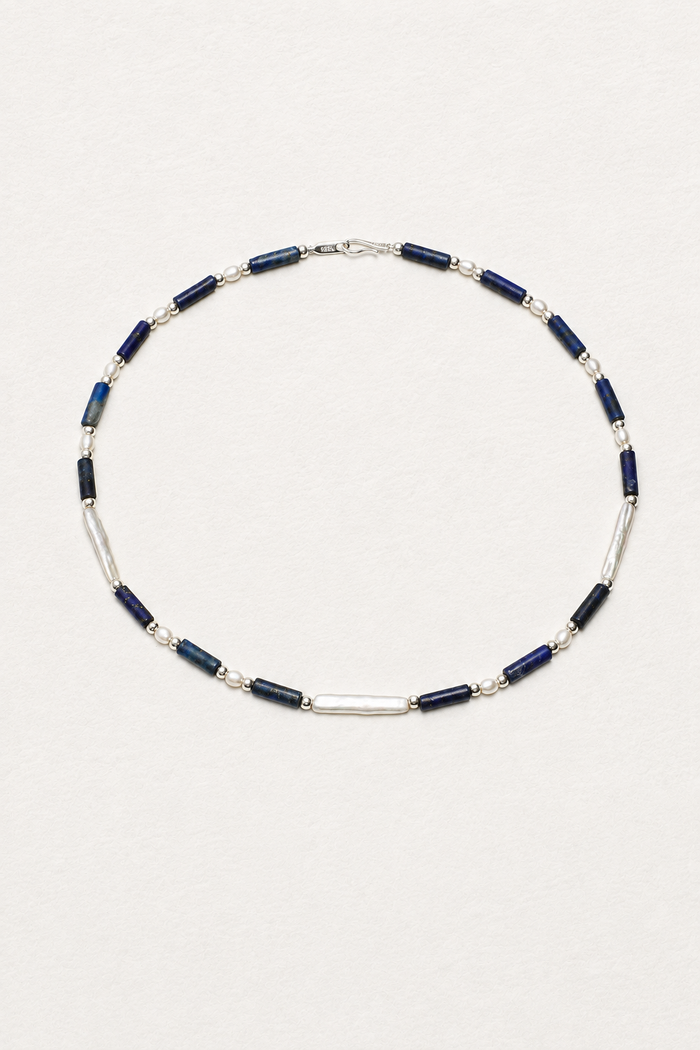 LUMERUNE Midnight Current Lapis Lazuli Necklace With Pearl — lapis lazuli, pearls and polished silver beads