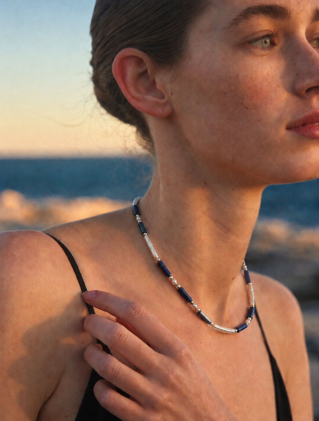 LUMERUNE Midnight Current Lapis Lazuli Necklace With Pearl — lapis lazuli, pearls and polished silver beads