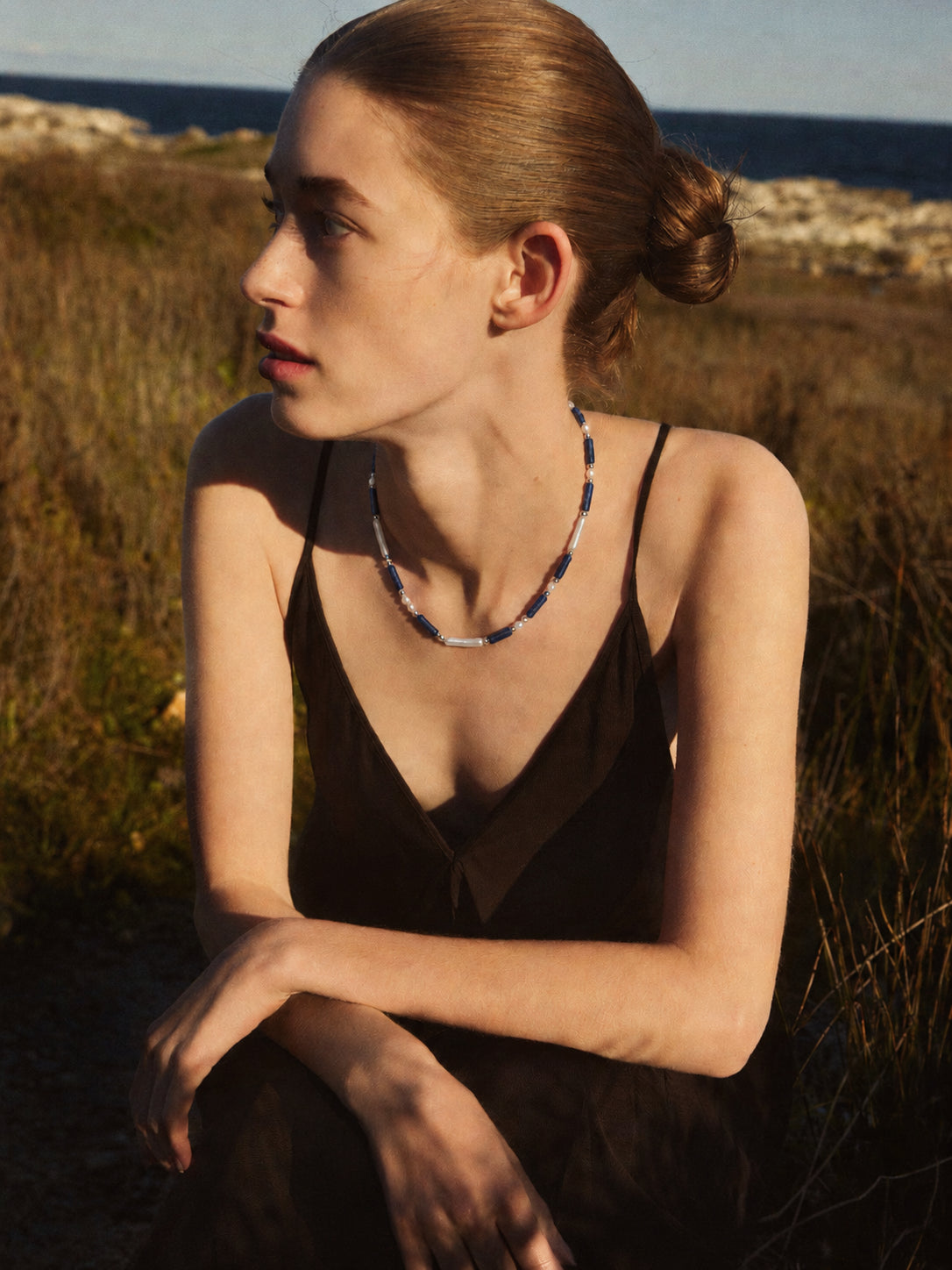 LUMERUNE Midnight Current Lapis Lazuli Necklace With Pearl — lapis lazuli, pearls and polished silver beads