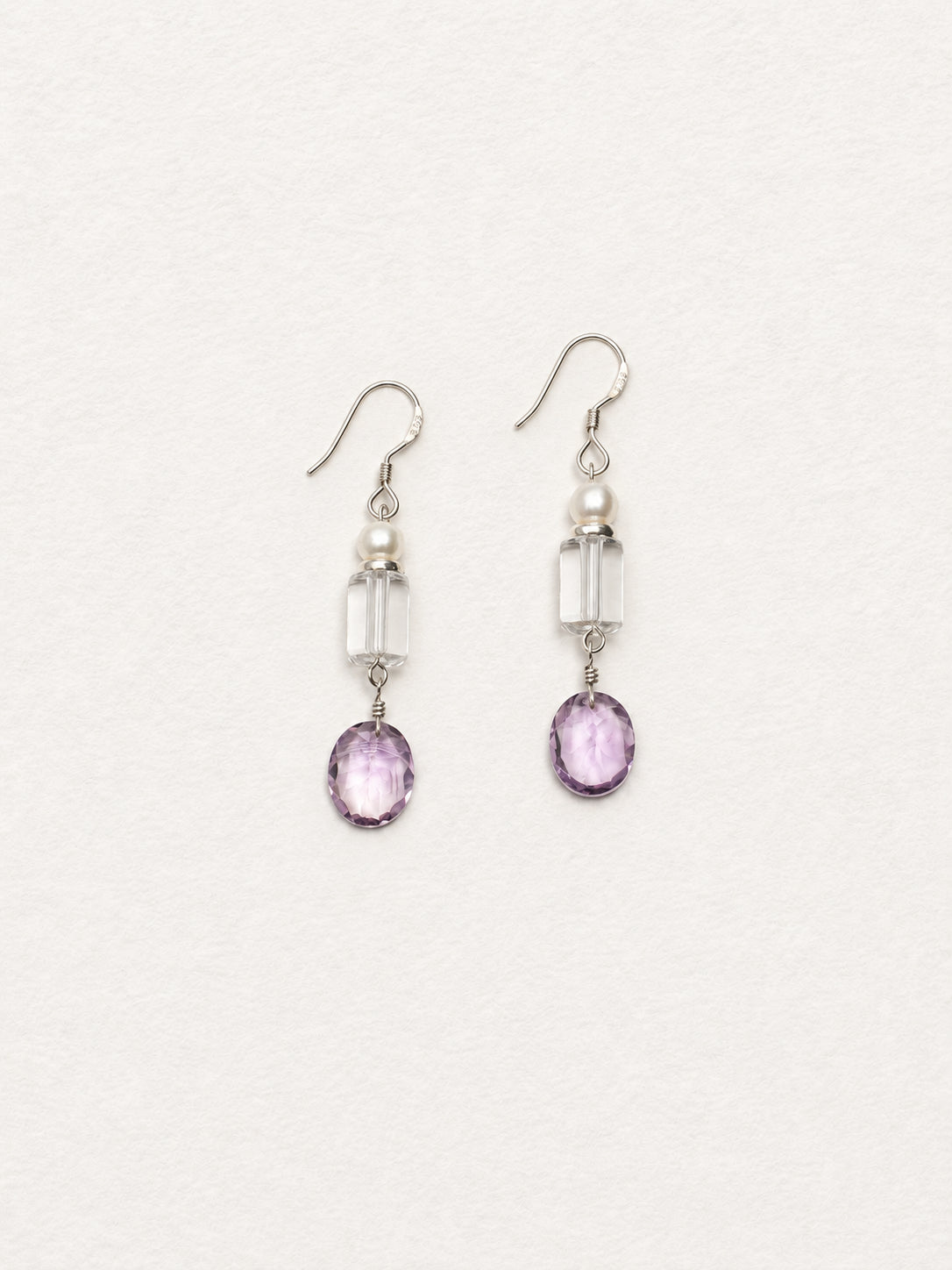 LUMERUNE Dewdrop Amethyst Drop Earrings With Clear Quartz — clear quartz, pearls and amethyst in a vertical line