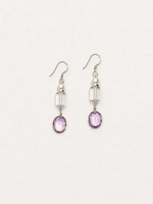 LUMERUNE Dewdrop Amethyst Drop Earrings With Clear Quartz — clear quartz, pearls and amethyst in a vertical line