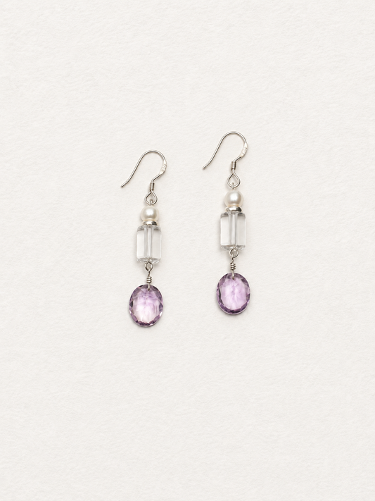 LUMERUNE Dewdrop Amethyst Drop Earrings With Clear Quartz — clear quartz, pearls and amethyst in a vertical line
