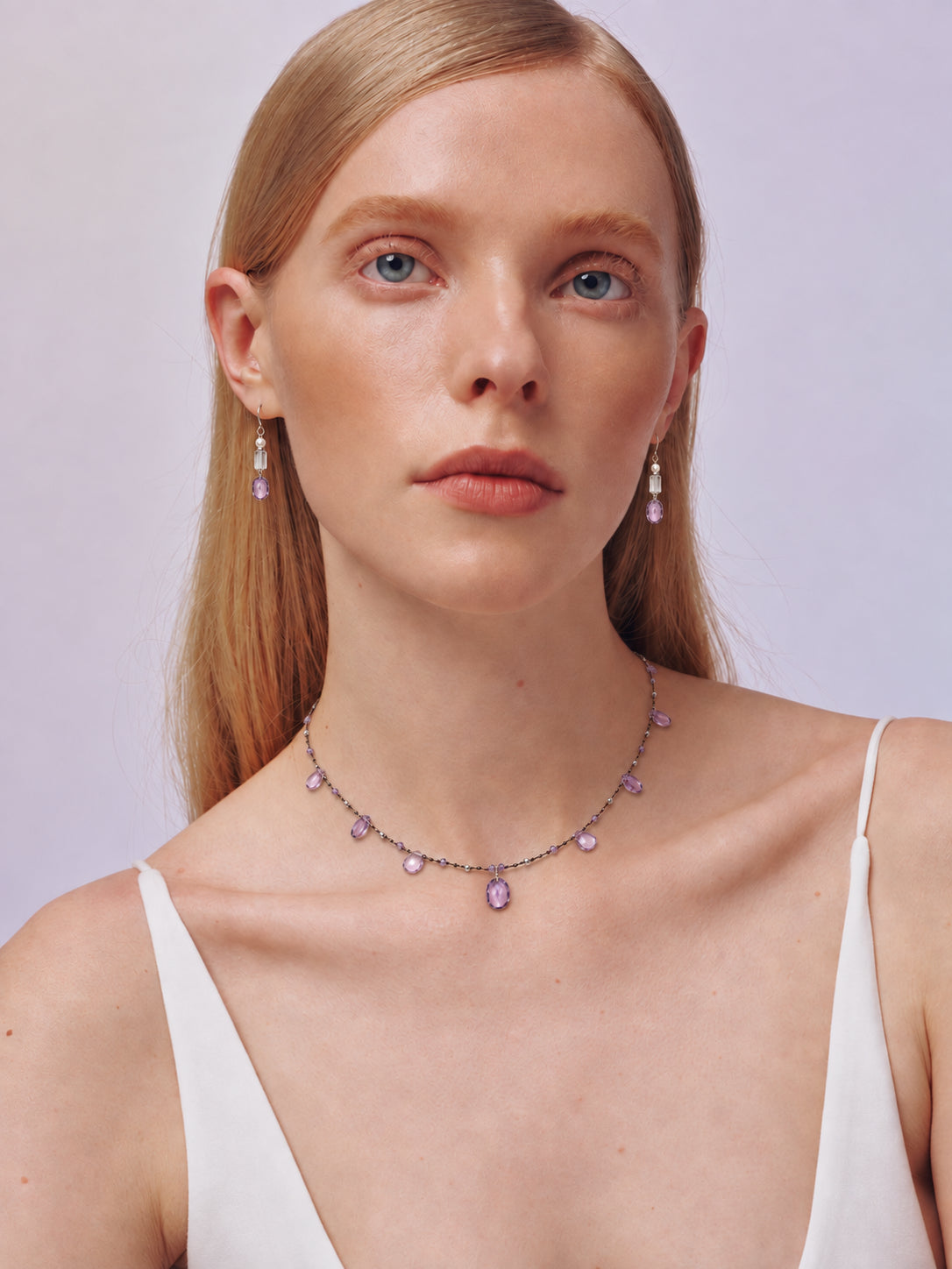 LUMERUNE Dewdrop Amethyst Drop Earrings With Clear Quartz — clear quartz, pearls and amethyst in a vertical line