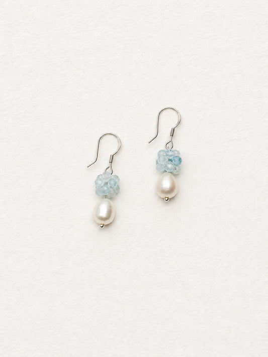 LUMERUNE Bloom Aquamarine Drop Earrings With Pearl — faceted aquamarine above a pearl drop